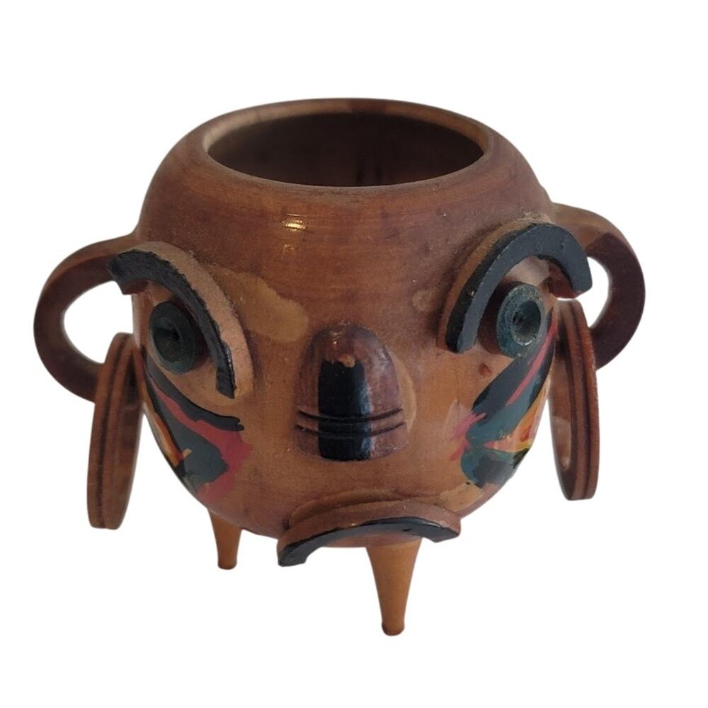 Vintage Unusual Handmade Folk Art HandPainted Warrior Face Wooden Mini Vase